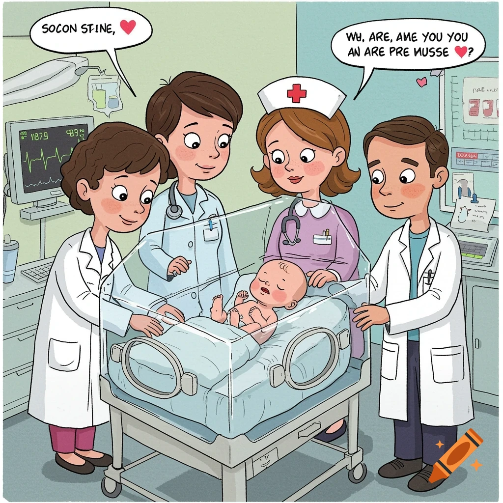 Cartoon illustration of doctors and nurses gathered around a baby in an incubator.