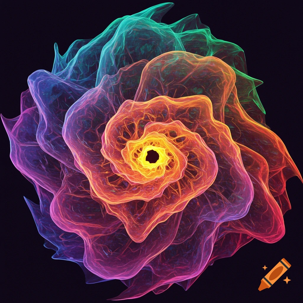 Abstract image of a vibrant, swirling floral shape in rainbow colors.