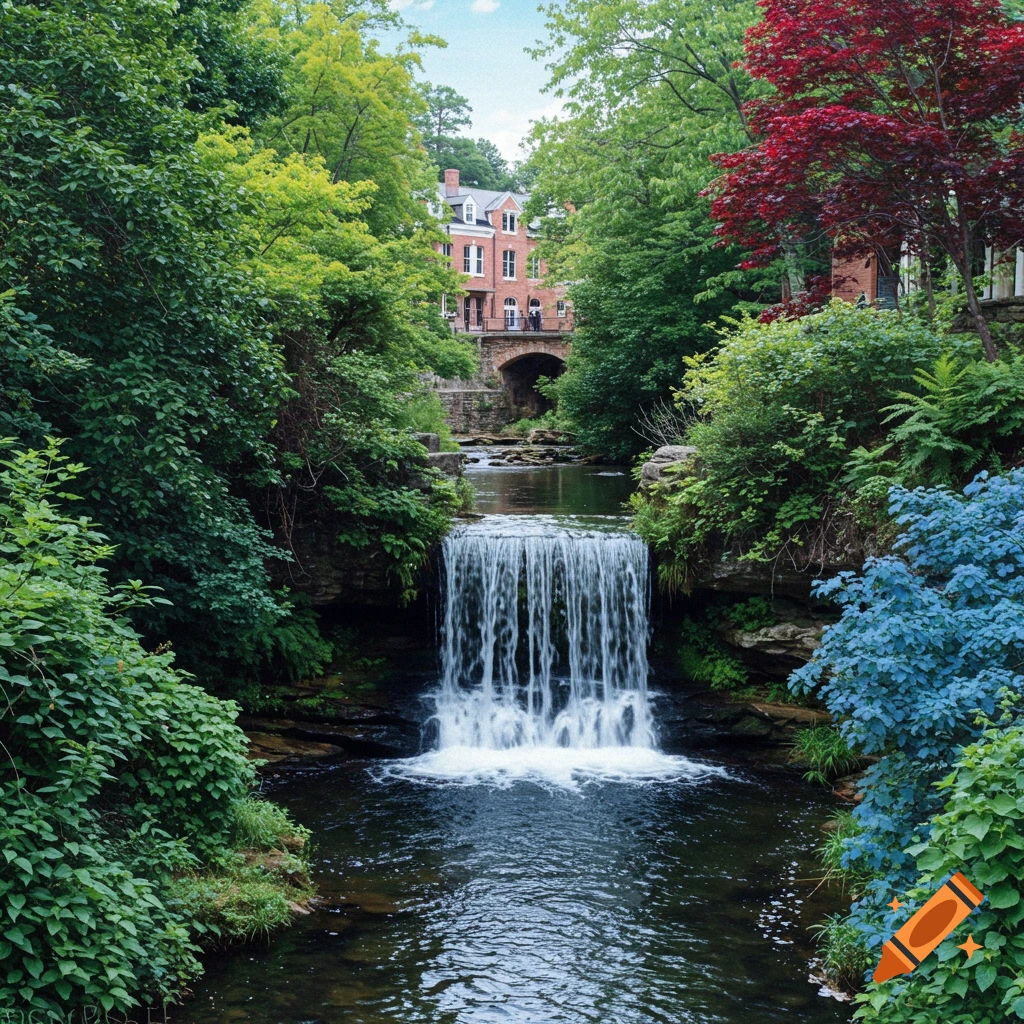 A waterfall flows into a stream, surrounded by lush greenery, with a bridge and building in the background.