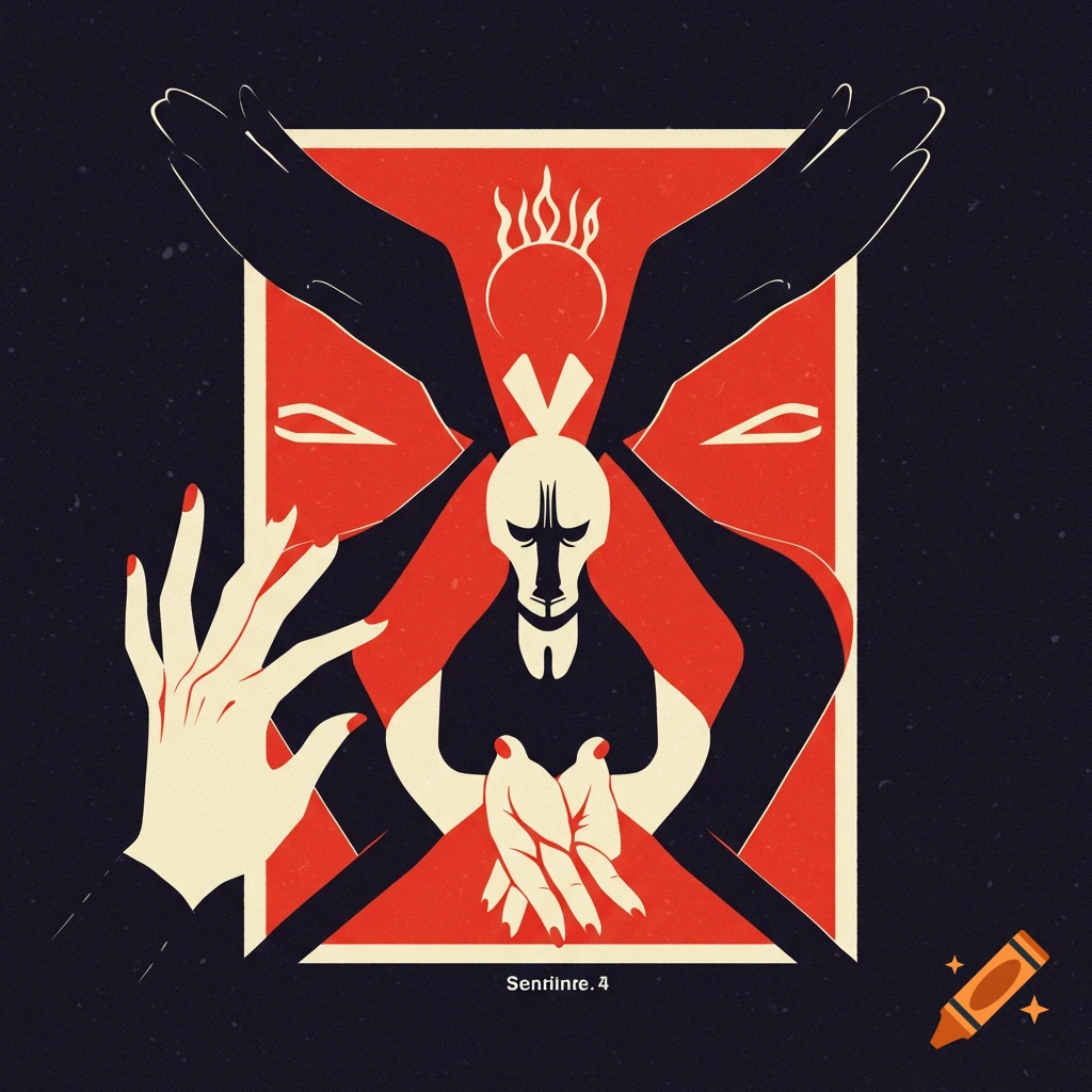 Graphic illustration of a central figure flanked by dark shapes and hands reaching towards it.