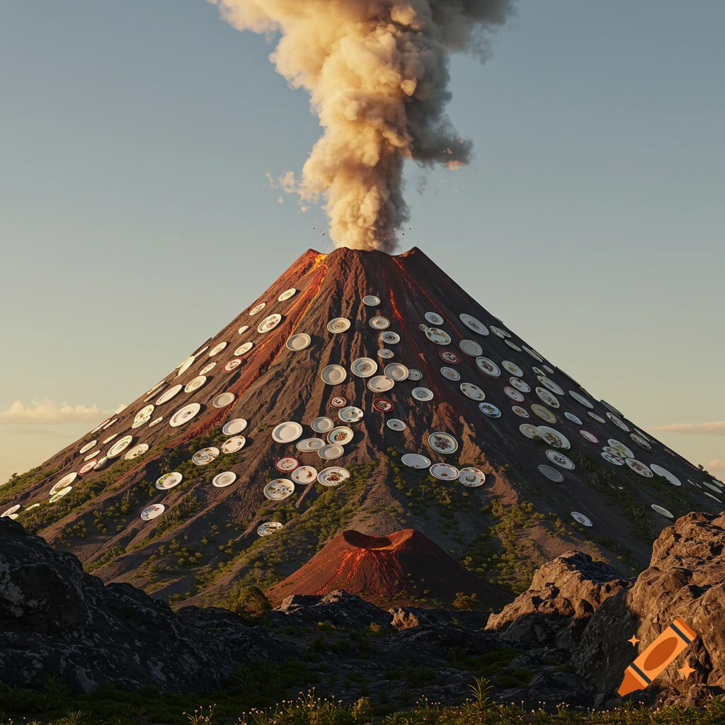 an erupting volcano covered in dinner plates