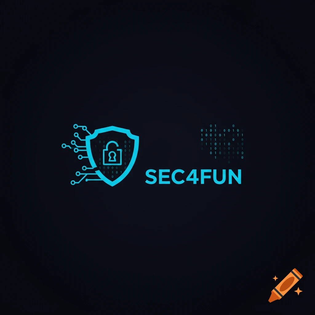 Modern tech logo for SEC4FUN featuring a blue shield, lock, and binary code on a dark background.