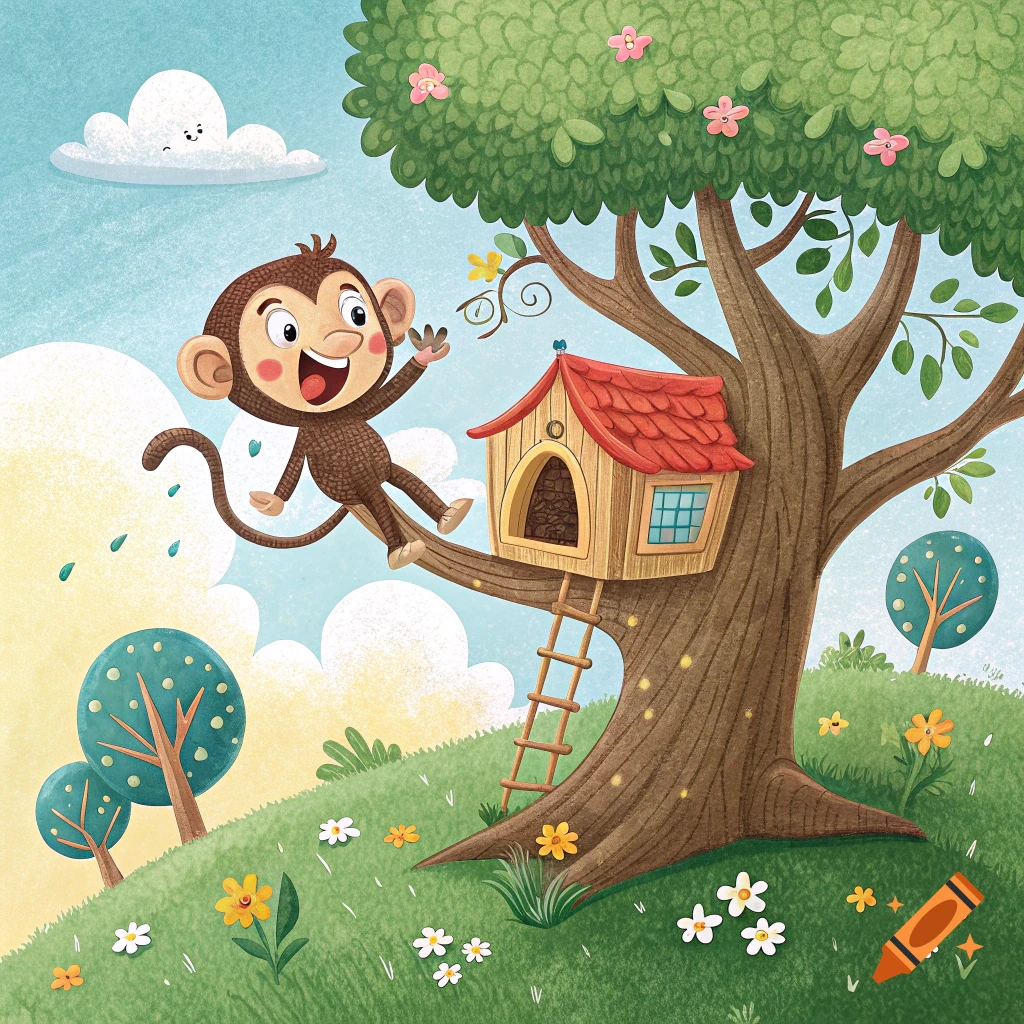 Happy cartoon monkey waves from a tree branch next to a treehouse in a whimsical nature scene.