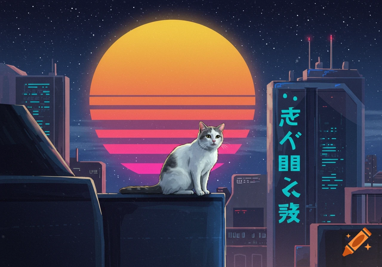 A white and grey cat sits on a rooftop overlooking a futuristic city at sunset in a retro art style.