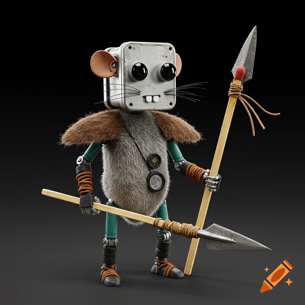 Detailed 3D rendering of a robot character with mouse ears, fur cloak, and two spears.