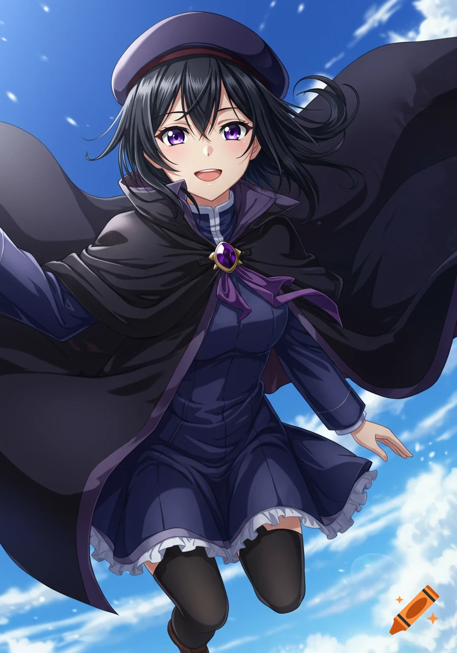 Anime girl with black hair and purple eyes wearing a black cloak flying in the sky