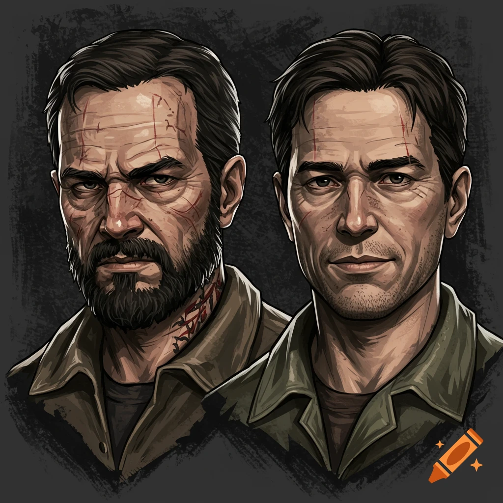 Stylized digital portrait of two rugged men with scars, in a gritty, dark art style.