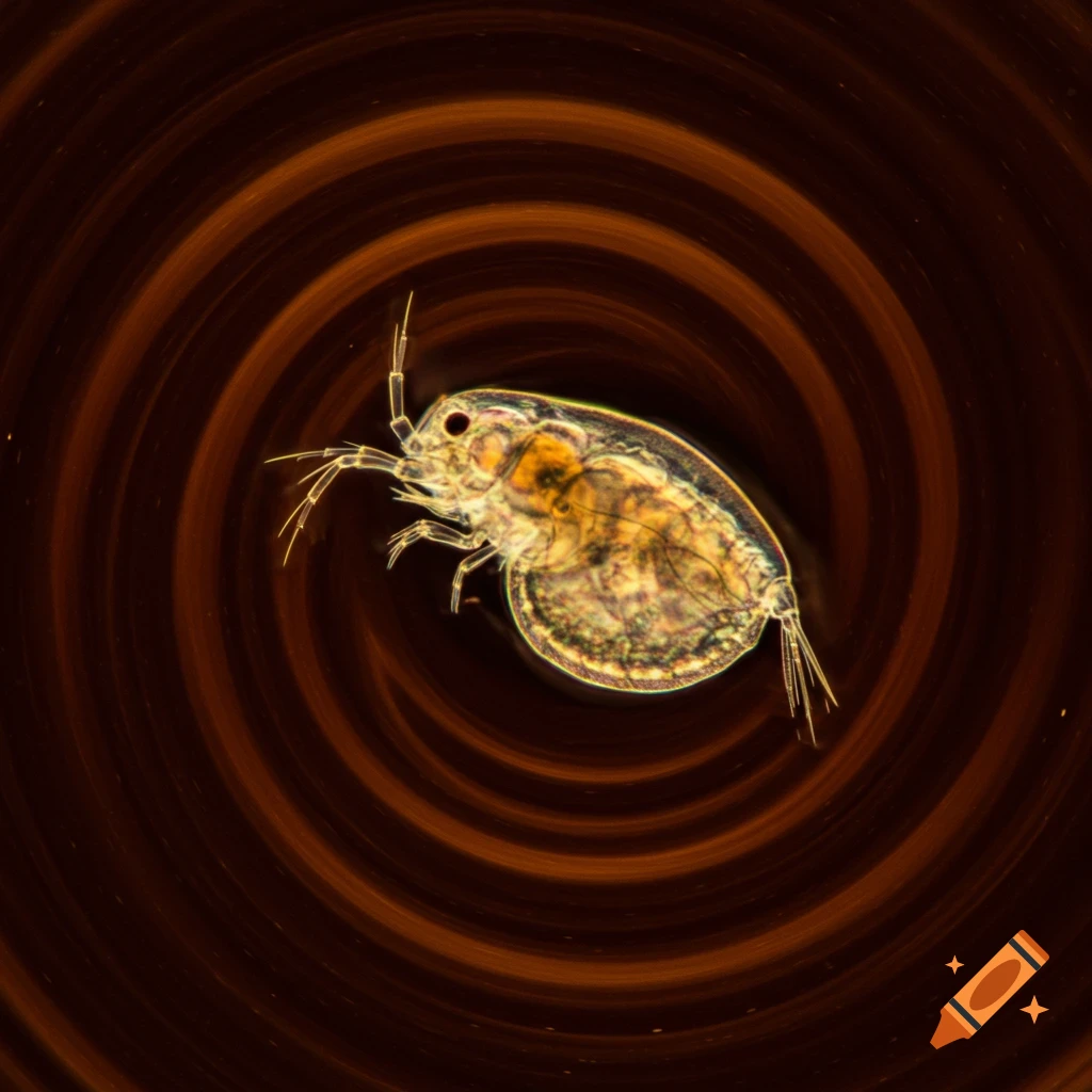 Microscopic daphnia against a swirling brown background