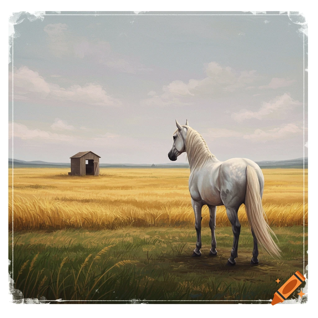 A white horse stands in a golden field, looking towards a distant shed.