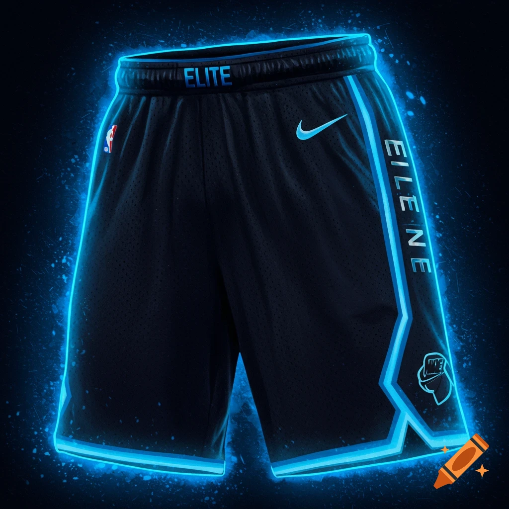 Black basketball shorts with blue glowing accents.