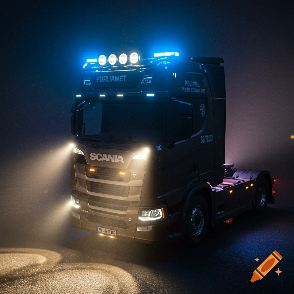 A large brown Scania truck with bright roof lights and headlights is parked at night.