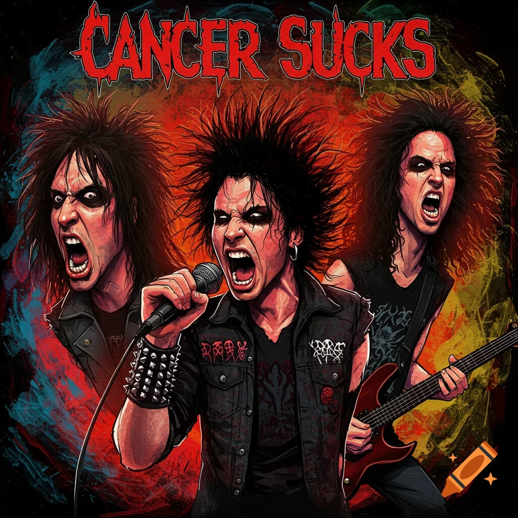 A metal band with aggressive expressions. Text reads 'CANCER SUCKS'.
