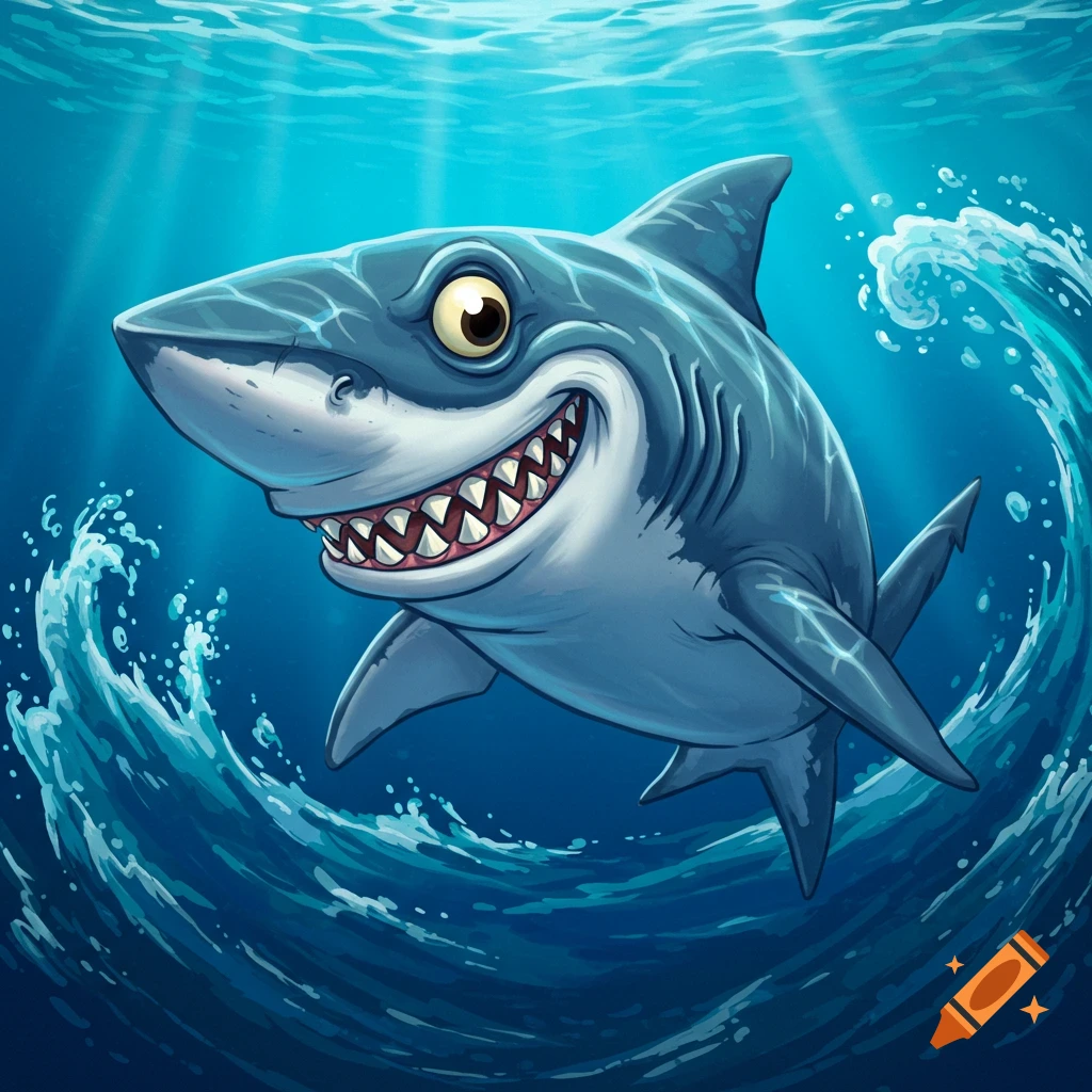 Cartoon of a shark swimming in blue ocean water.