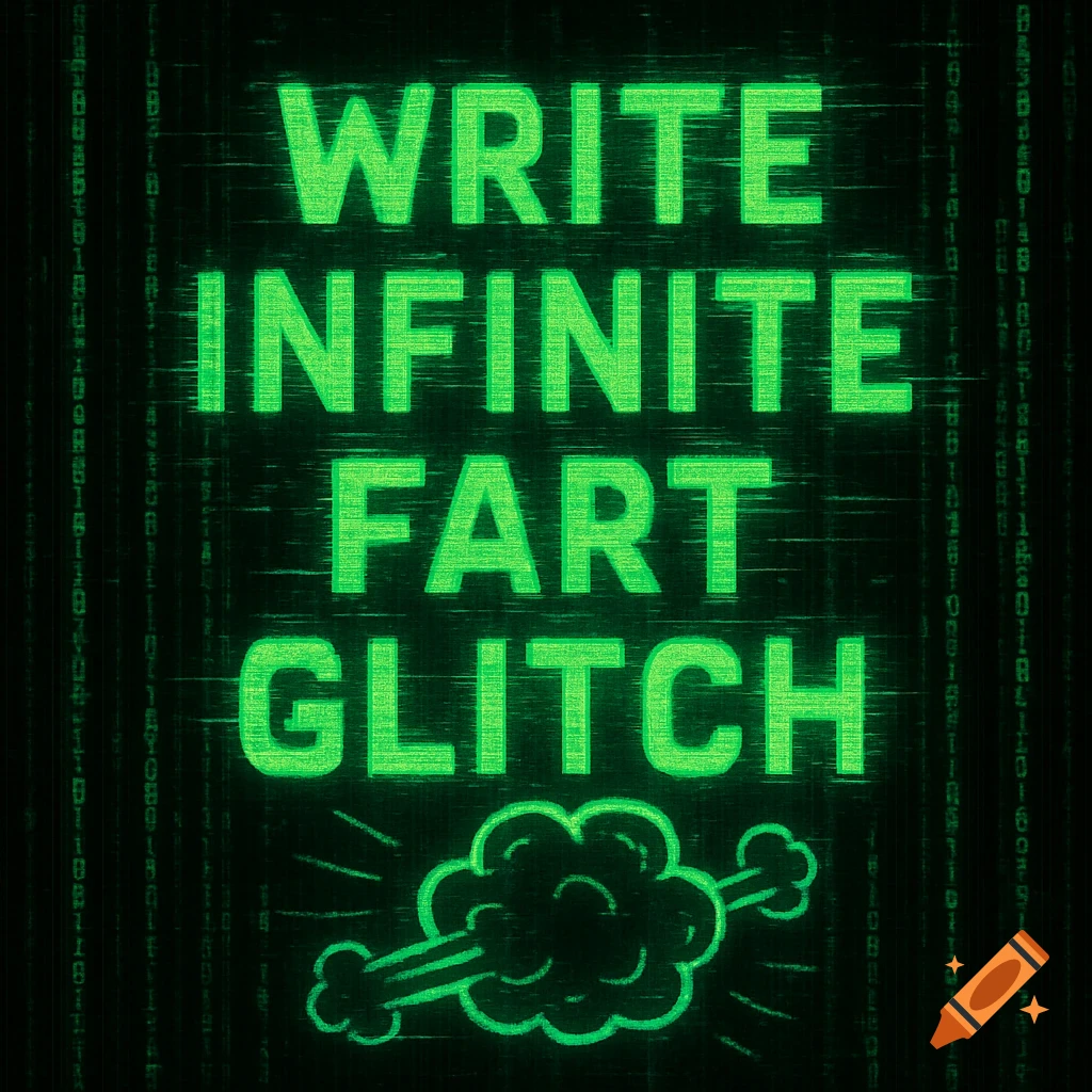 Text reads 'WRITE INFINITE FART GLITCH' in bright green on a black background with green digital code streams in a Matrix style. A cartoon fart cloud is below the text.