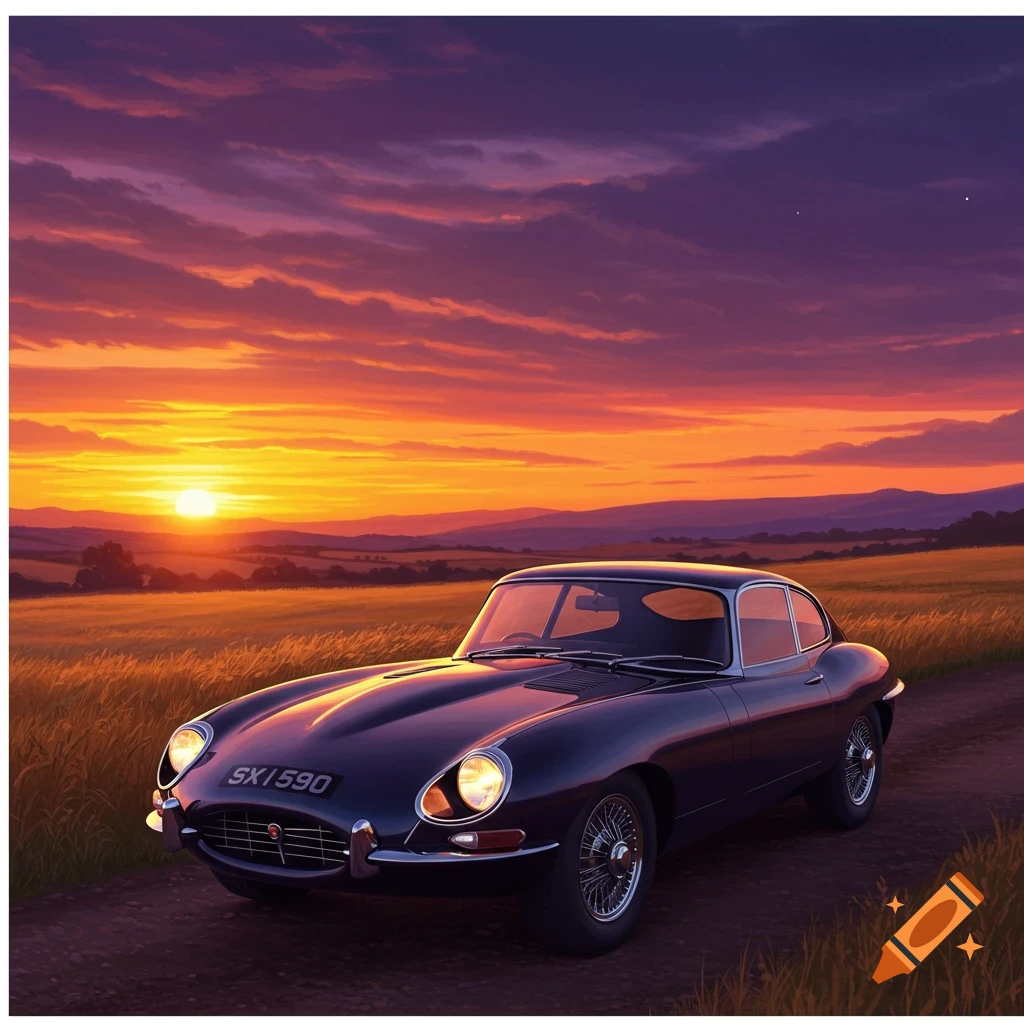 A classic dark blue sports car is parked in a field at sunset.