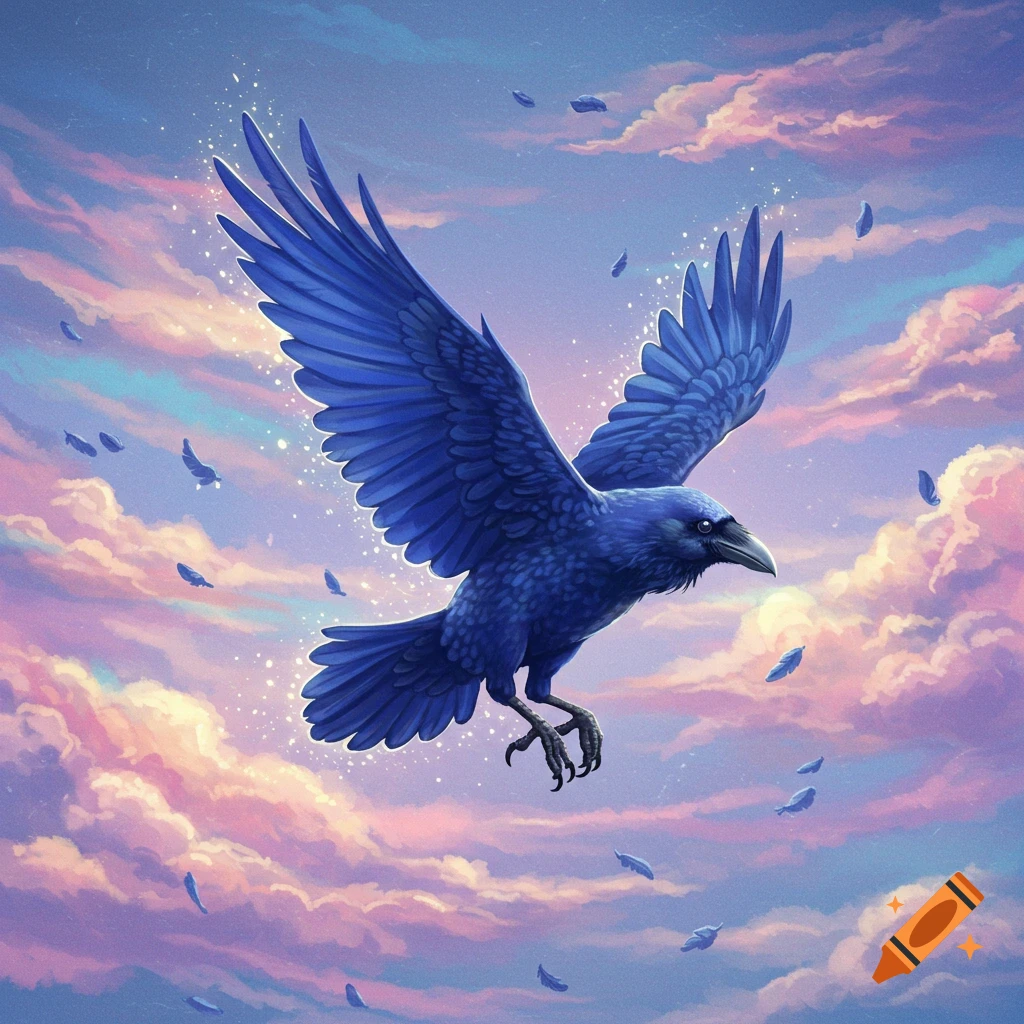A blue raven flies through a mystical sky with pink clouds.
