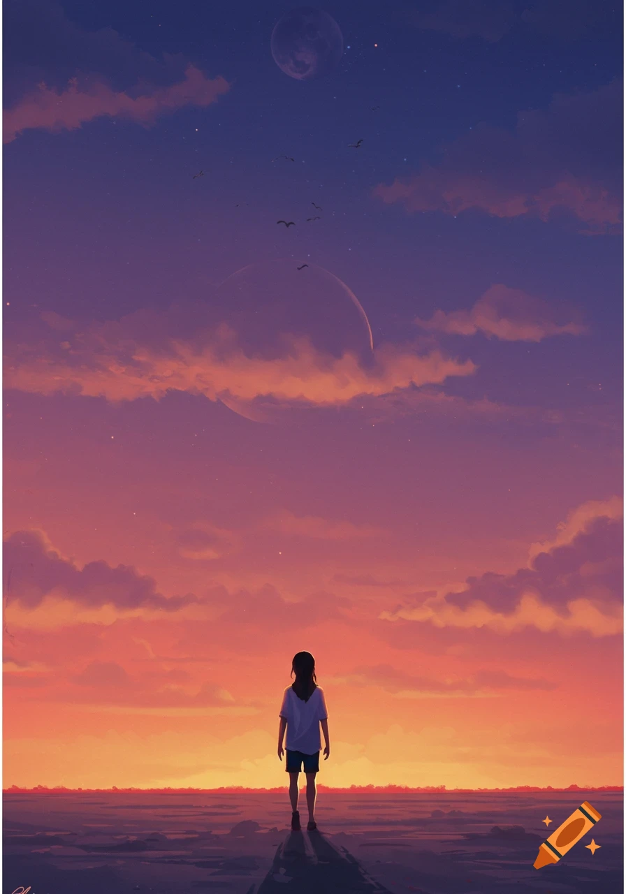 A person stands looking at a vibrant sky, filled with celestial bodies and birds, during a sunset or sunrise.