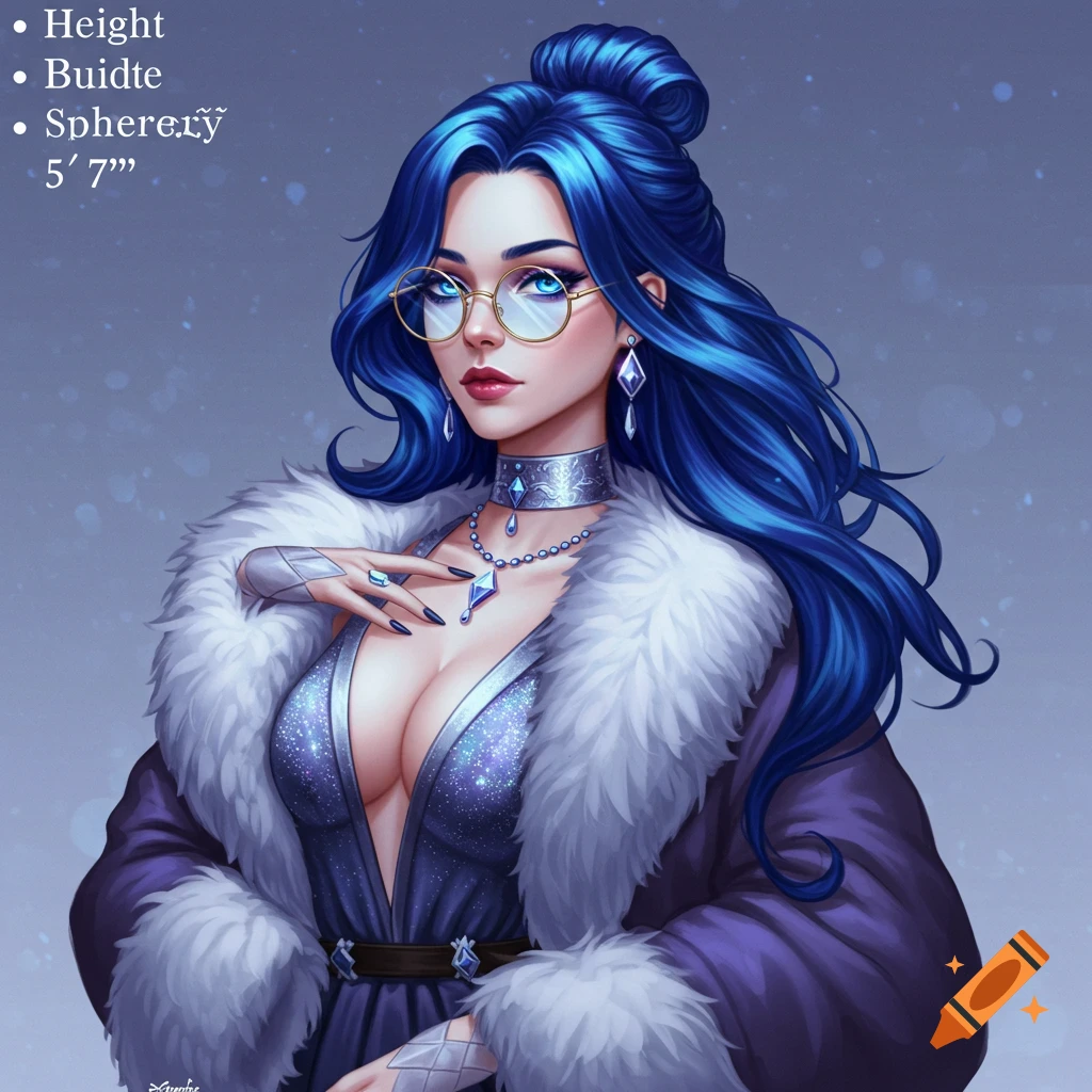Digital art portrait of a woman with blue hair, glasses, a fur coat, and sparkling dress.