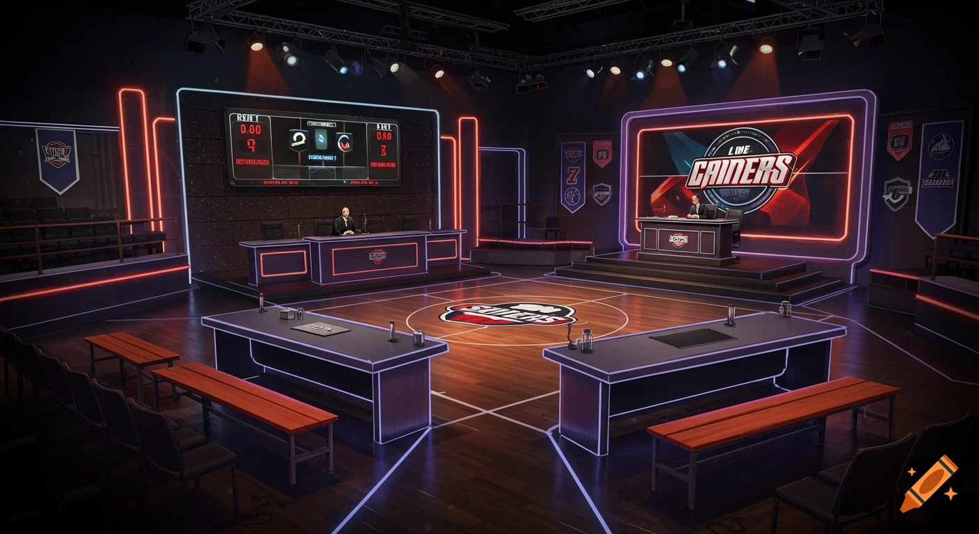 A sports broadcast studio with neon lights, screens, podiums, and seating.