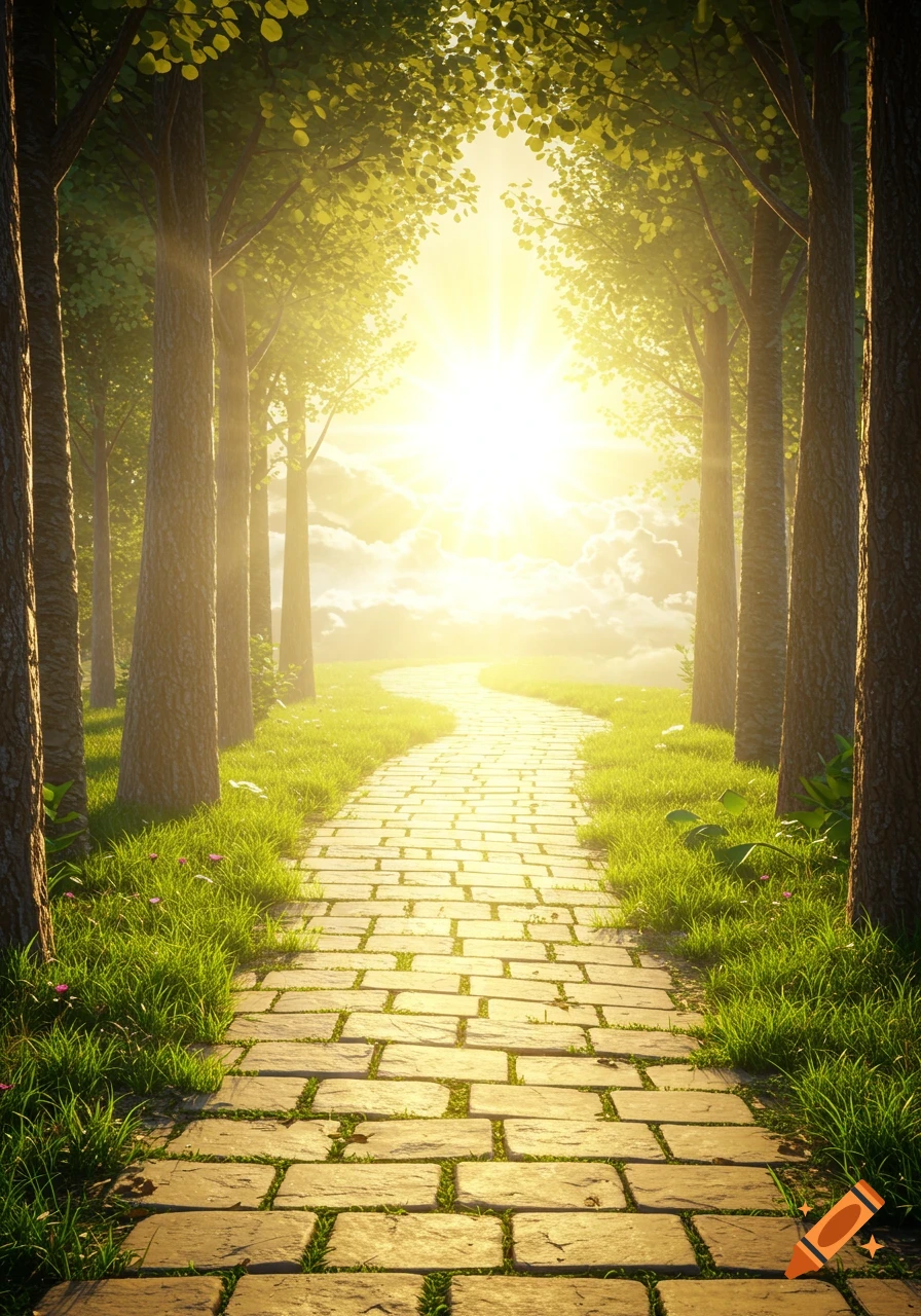 Sunlit stone path through a forest.