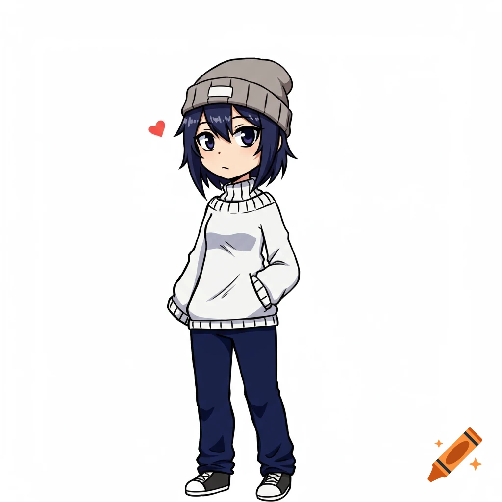 Anime character with a beanie, white sweater, and blue pants.