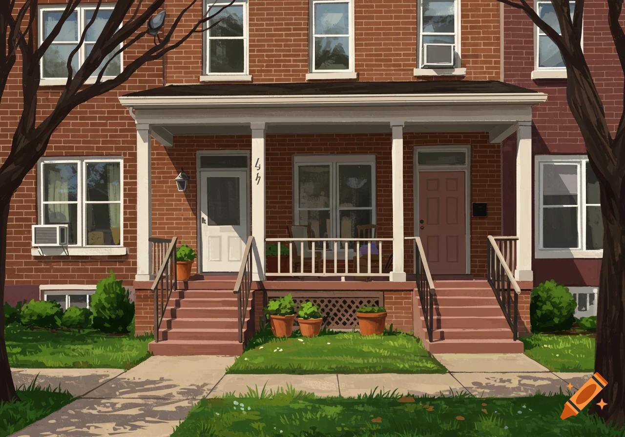 A brick townhouse with two front entrances and porches, steps leading up, trees, and a grassy yard on a sunny day.