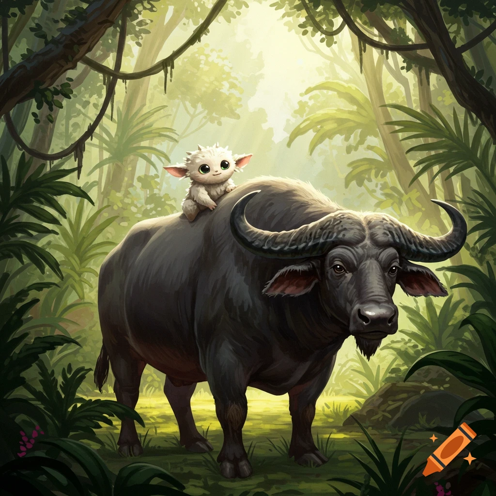 A fluffy creature rides on a water buffalo in a rainforest.