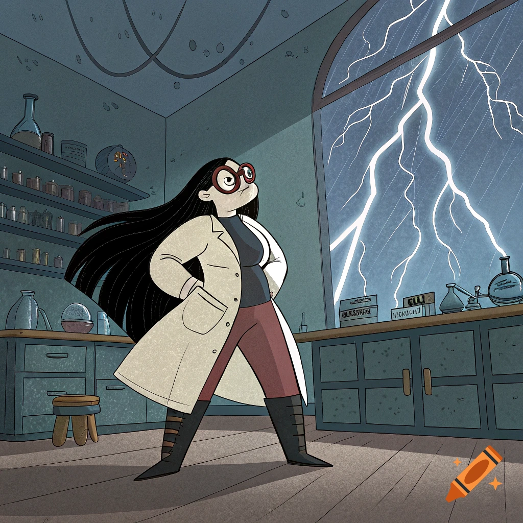 Pixar-style cartoon of a female scientist in a lab coat and goggles standing in a lab with lightning outside the window.