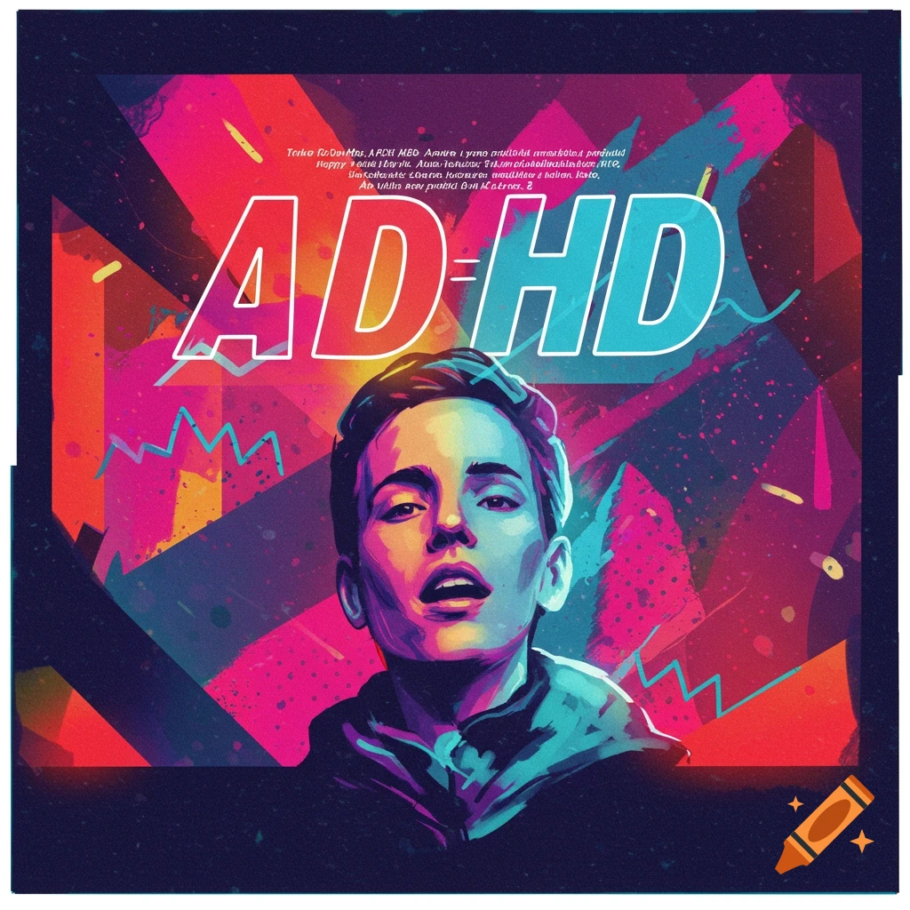 Digital art portrait of a person with colorful abstract background and large text AD=HD