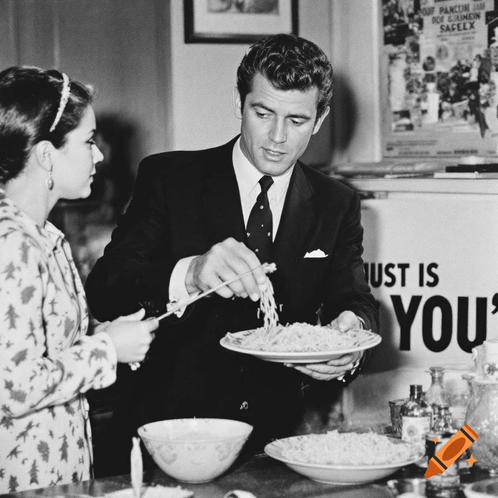 Black and white photo of a man in a suit serving pasta to a woman