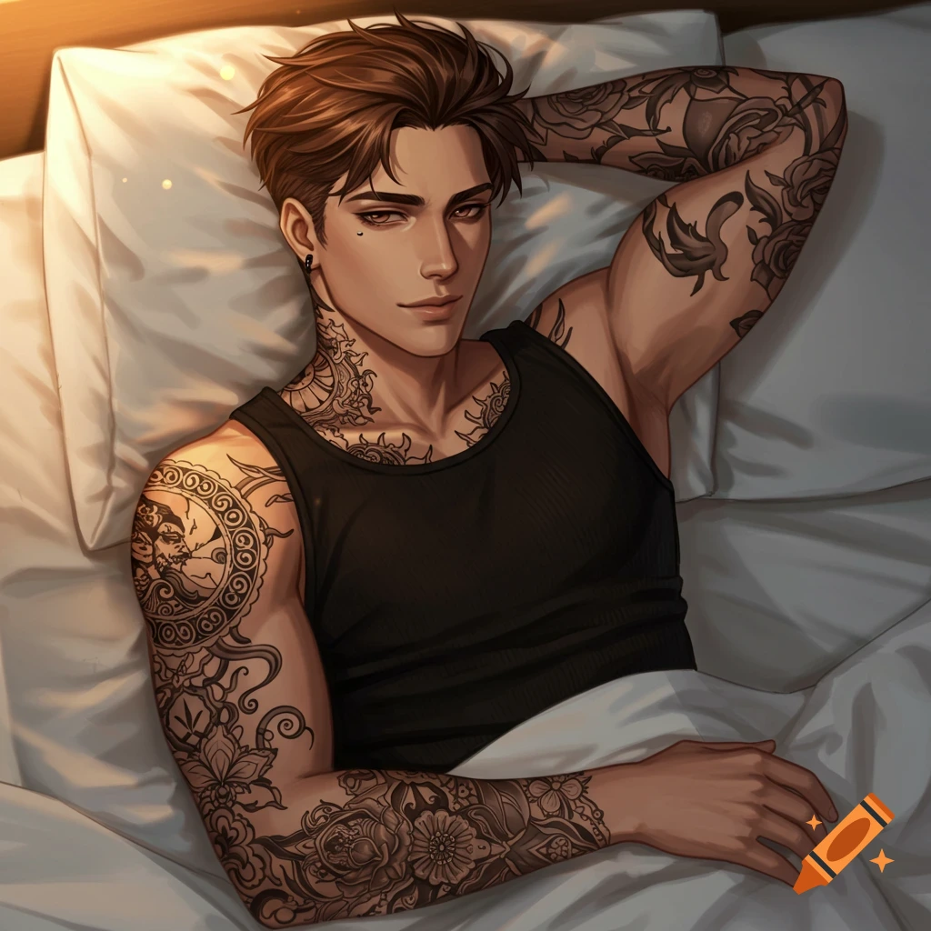 Handsome anime man with tattoos laying in bed.