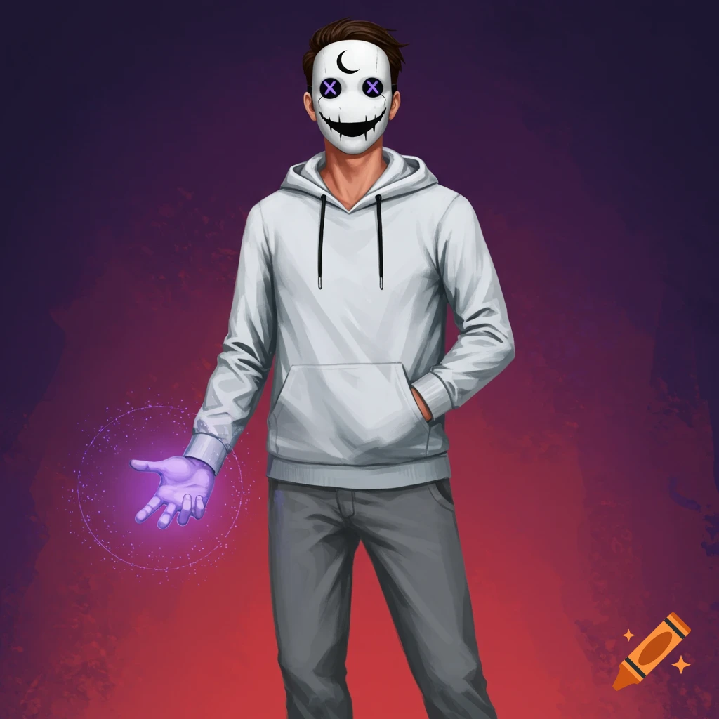 Illustration of a male character in a white hoodie and mask, holding purple energy.