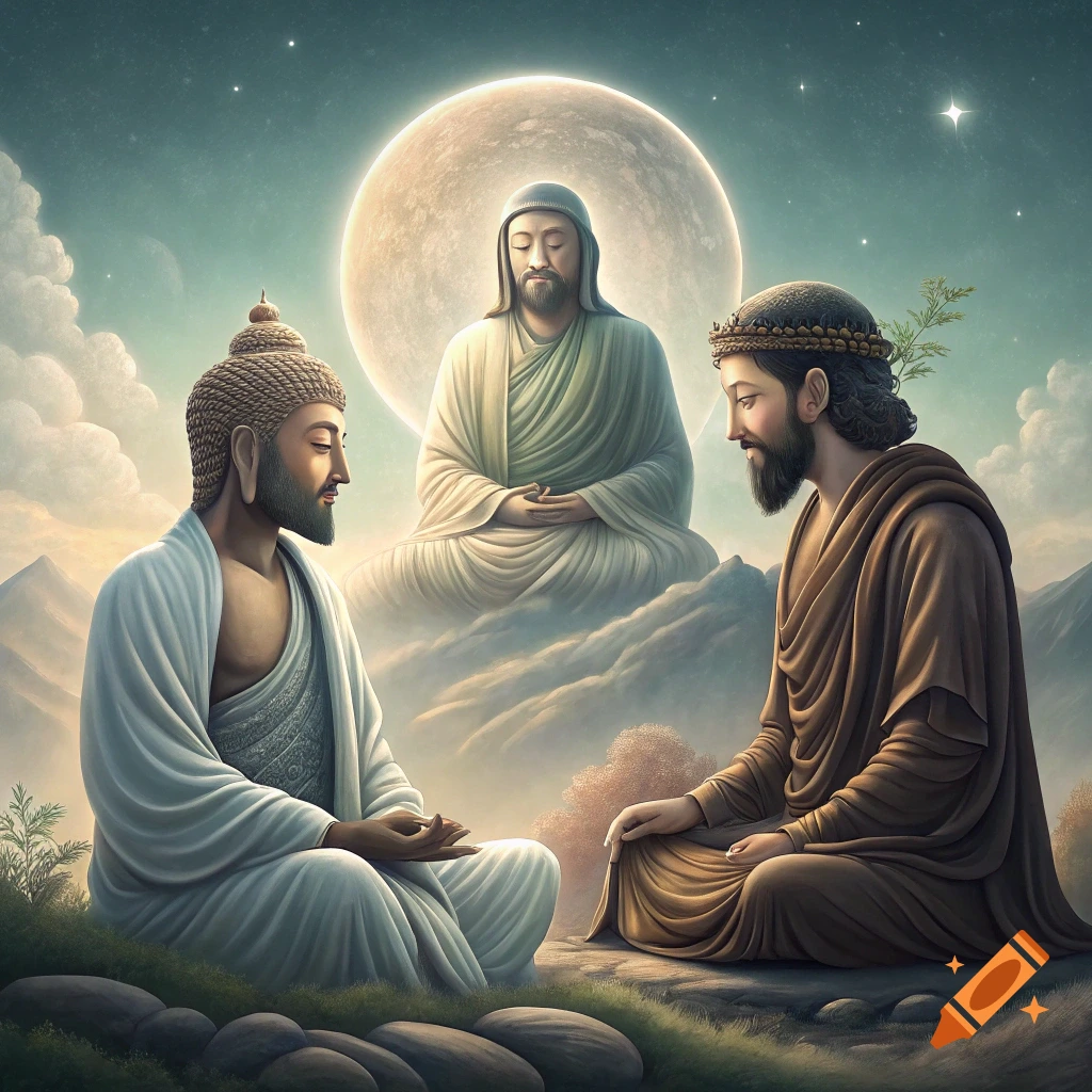 Three figures resembling Buddha, Jesus, and another meditating in a peaceful landscape under a full moon.