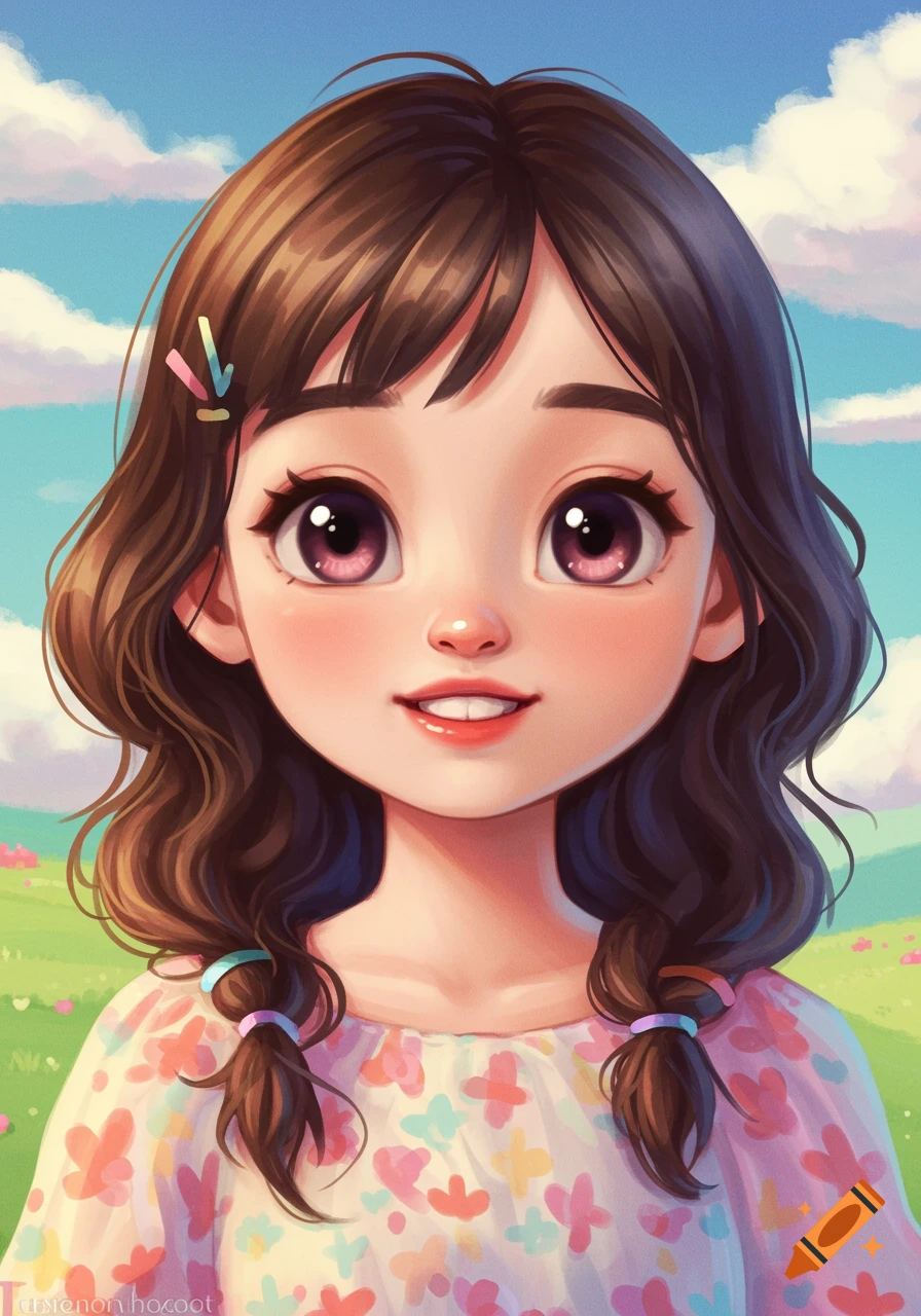 A young girl with bright eyes and a smile, wearing a colorful dress in an outdoor scene.