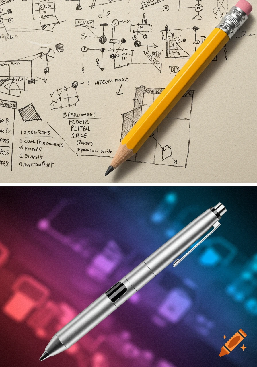A yellow pencil over sketches in the top half and a silver pen over a tech background in the bottom half.
