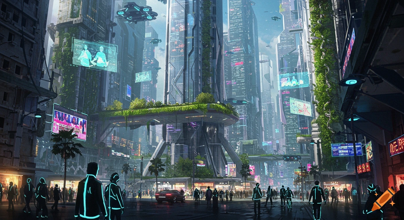 A futuristic city street at night with tall buildings, flying vehicles, and people with glowing outlines.