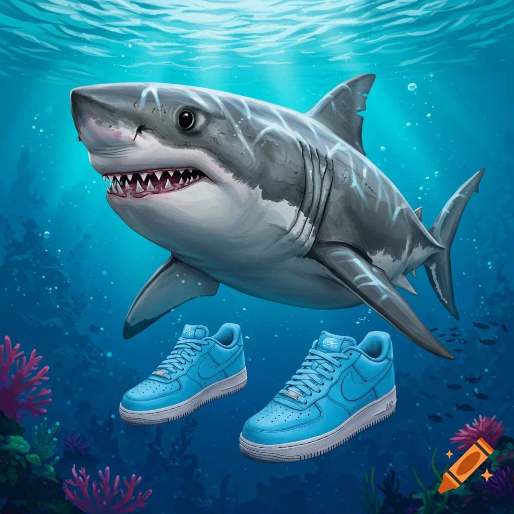 A shark swims underwater next to a pair of blue sneakers.