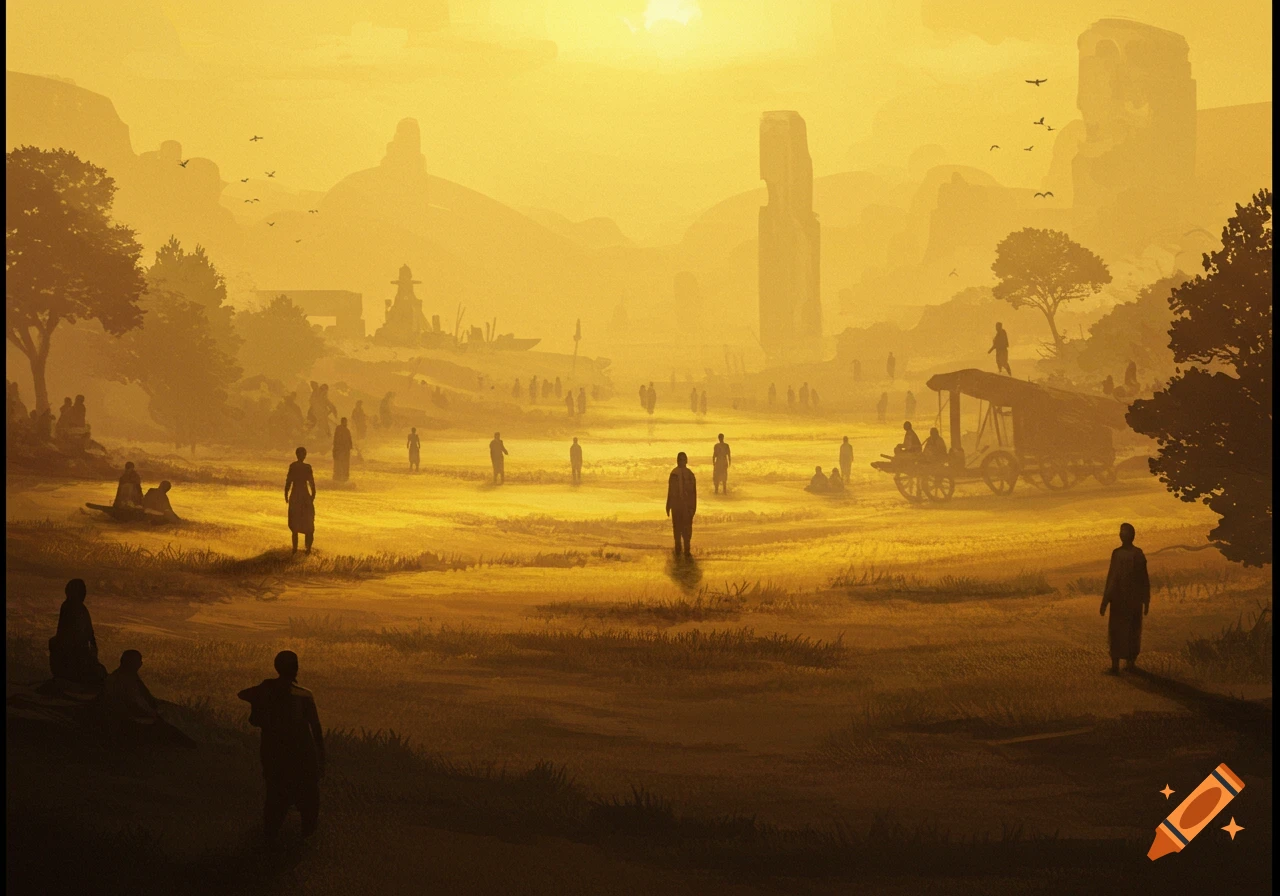 Silhouetted figures in a hazy golden landscape with distant structures and a cart.