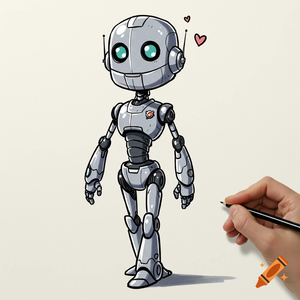 A hand sketches a cute cartoon robot with hearts above its head.