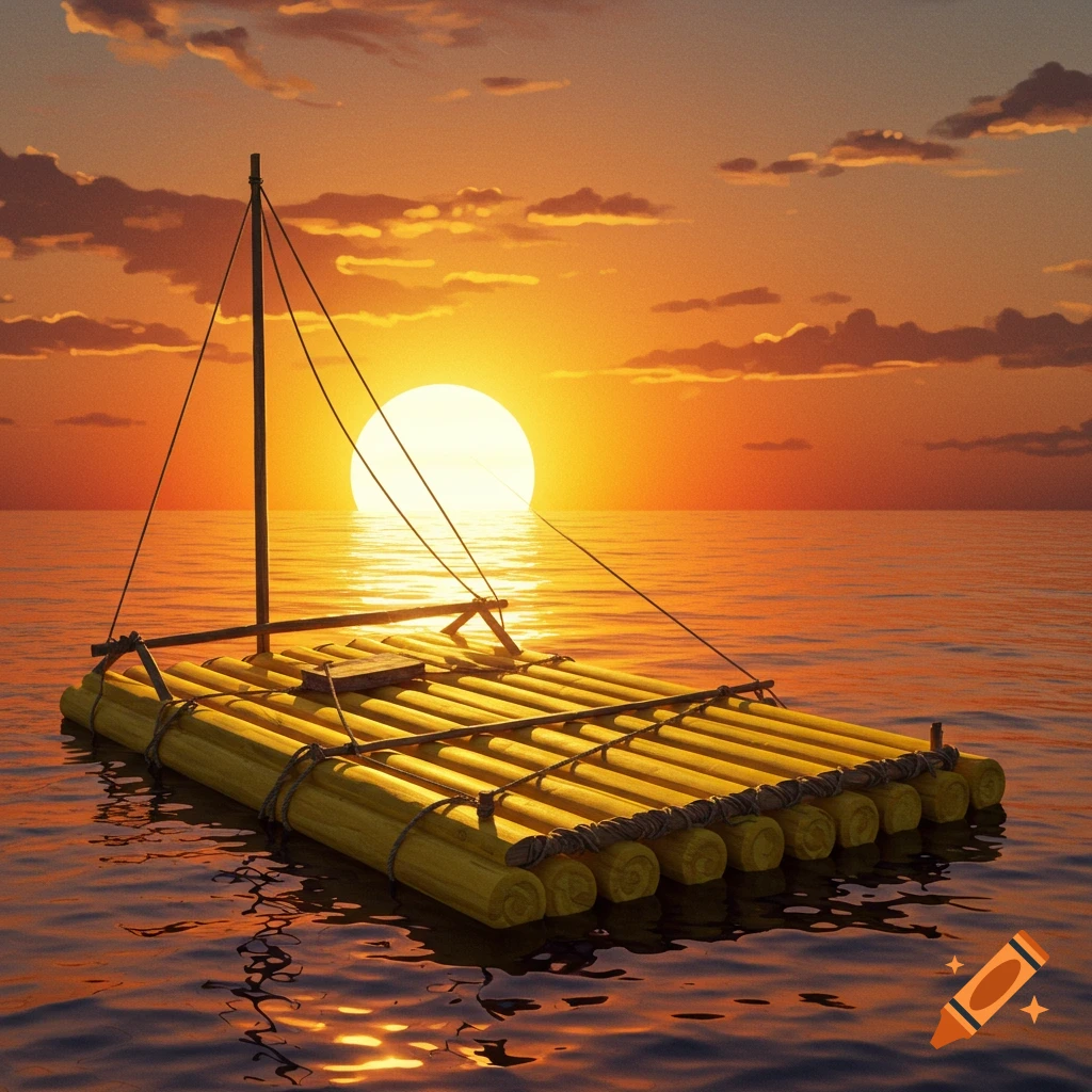 A raft on the ocean at sunset