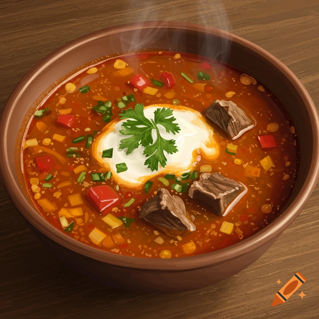 A hearty bowl of meat and vegetable soup topped with cream sits on a wooden table.
