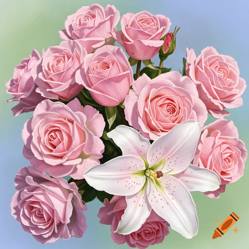 A bouquet of pink roses and a white lily.