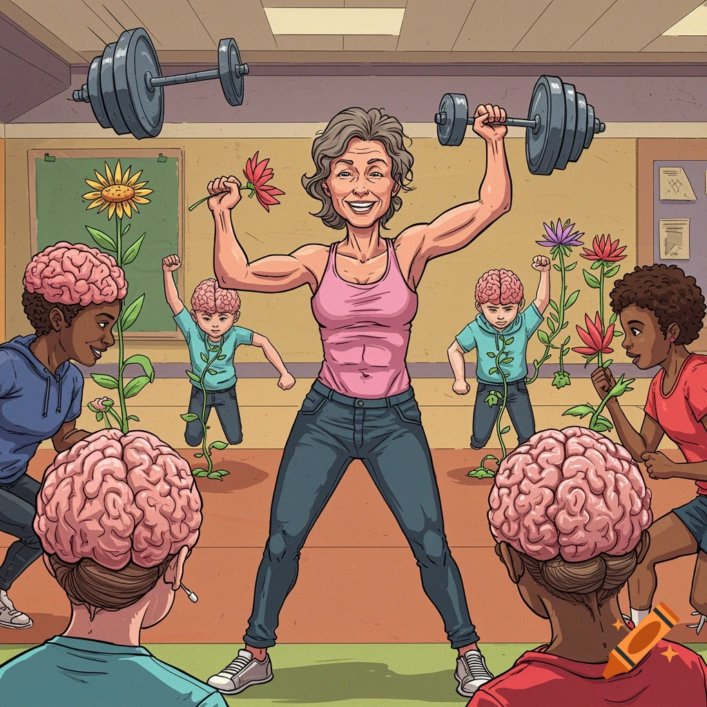 A cartoon illustration of a teacher and students exercising, with students' brains depicted as growing plants.