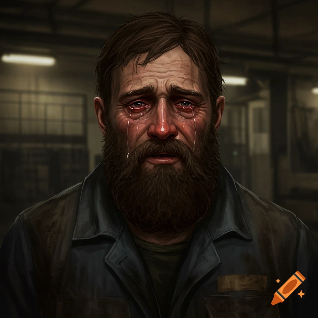 A crying man with a beard is wearing a dark jacket.