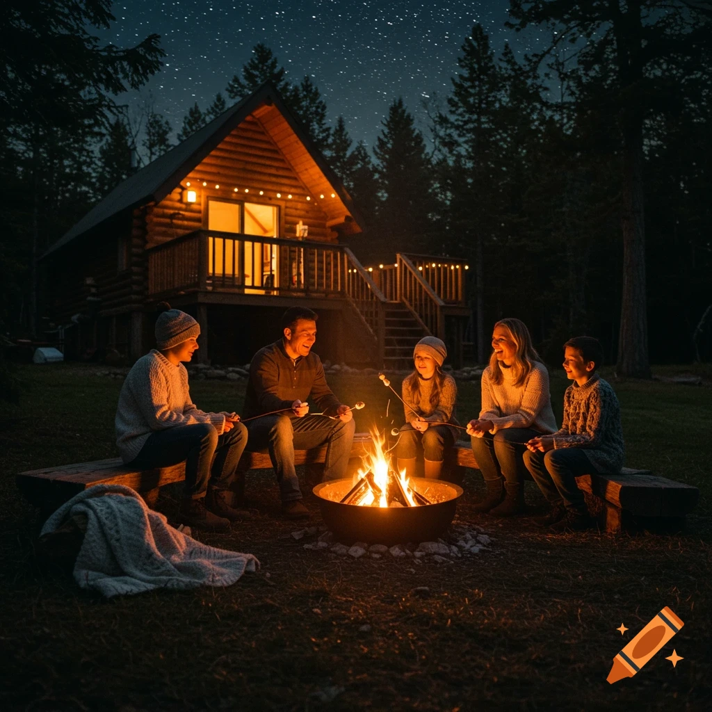 A family sits around a fire pit roasting marshmallows in front of a lit log cabin under a starry night sky.
