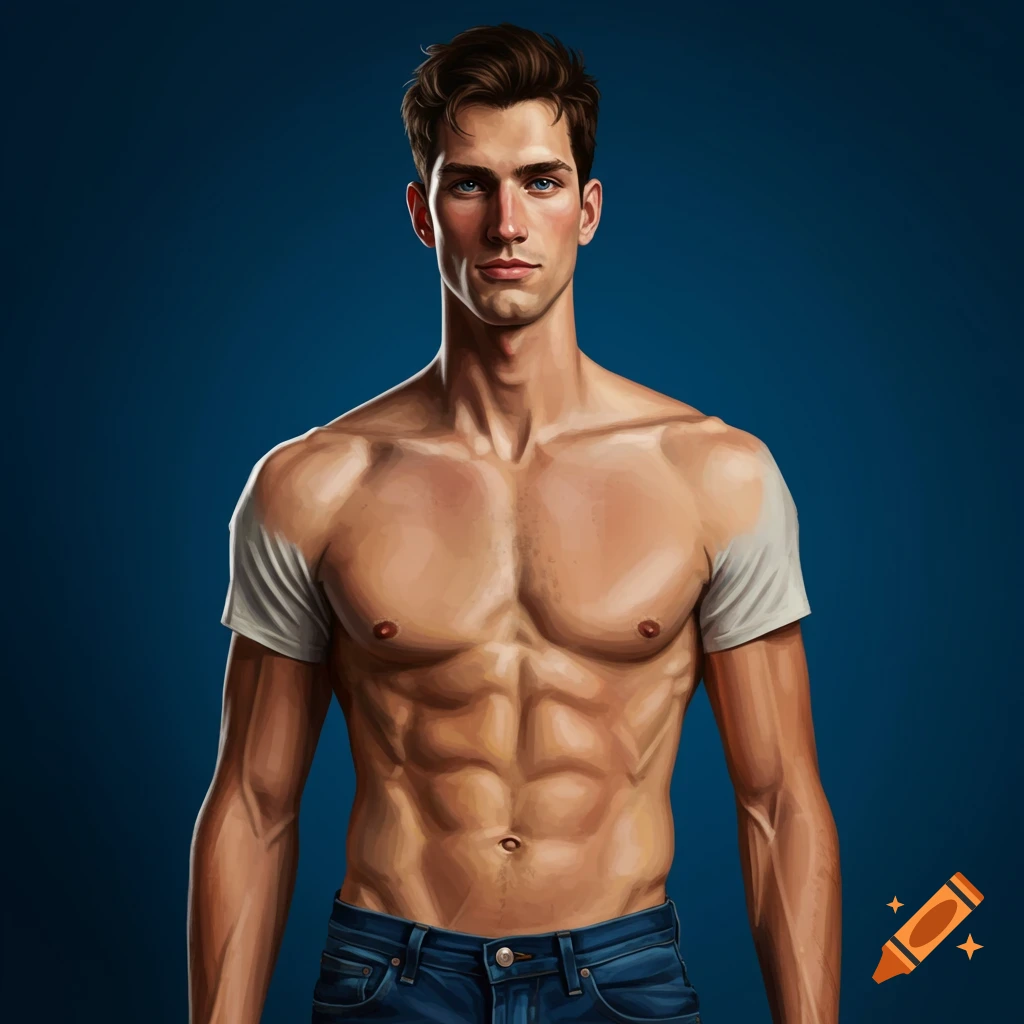 A man with blue eyes, muscular, shirtless and wearing jeans.