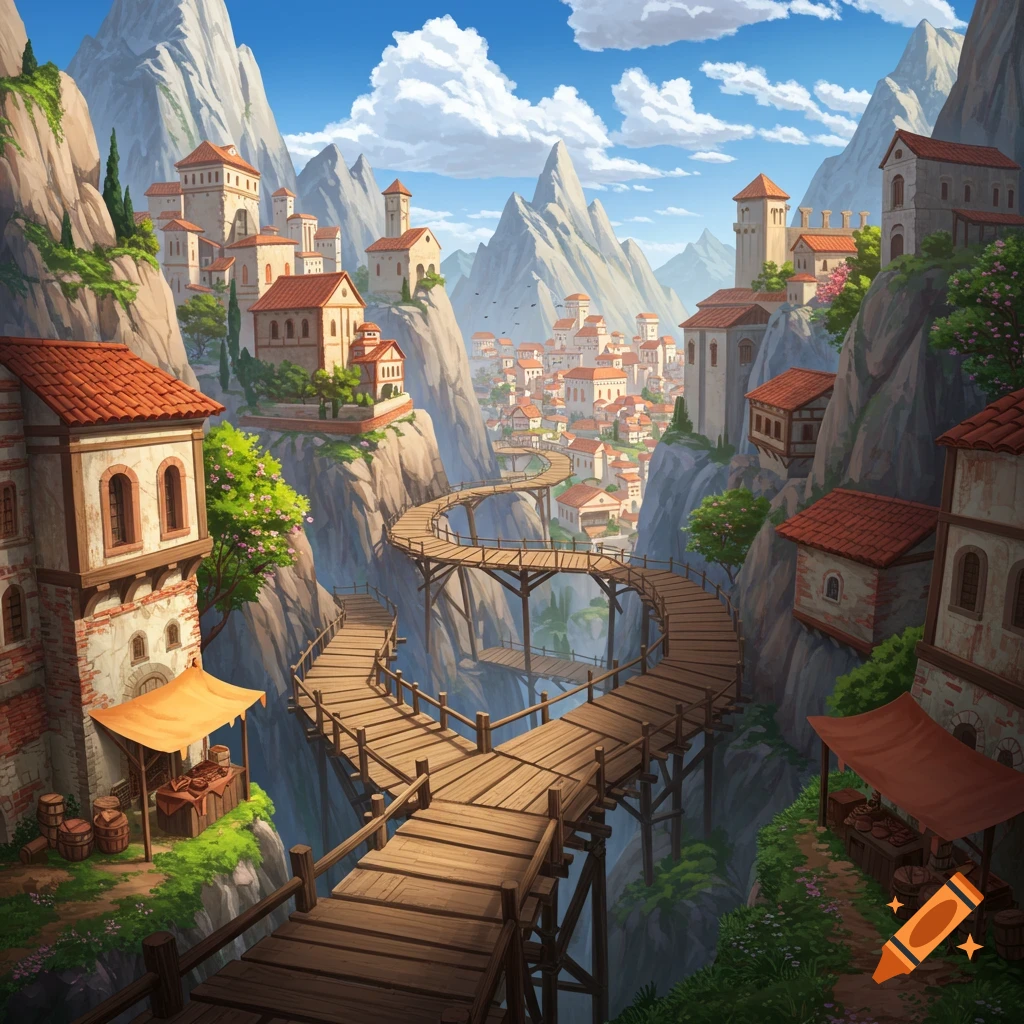 A city built into mountains with winding wooden pathways connecting buildings.