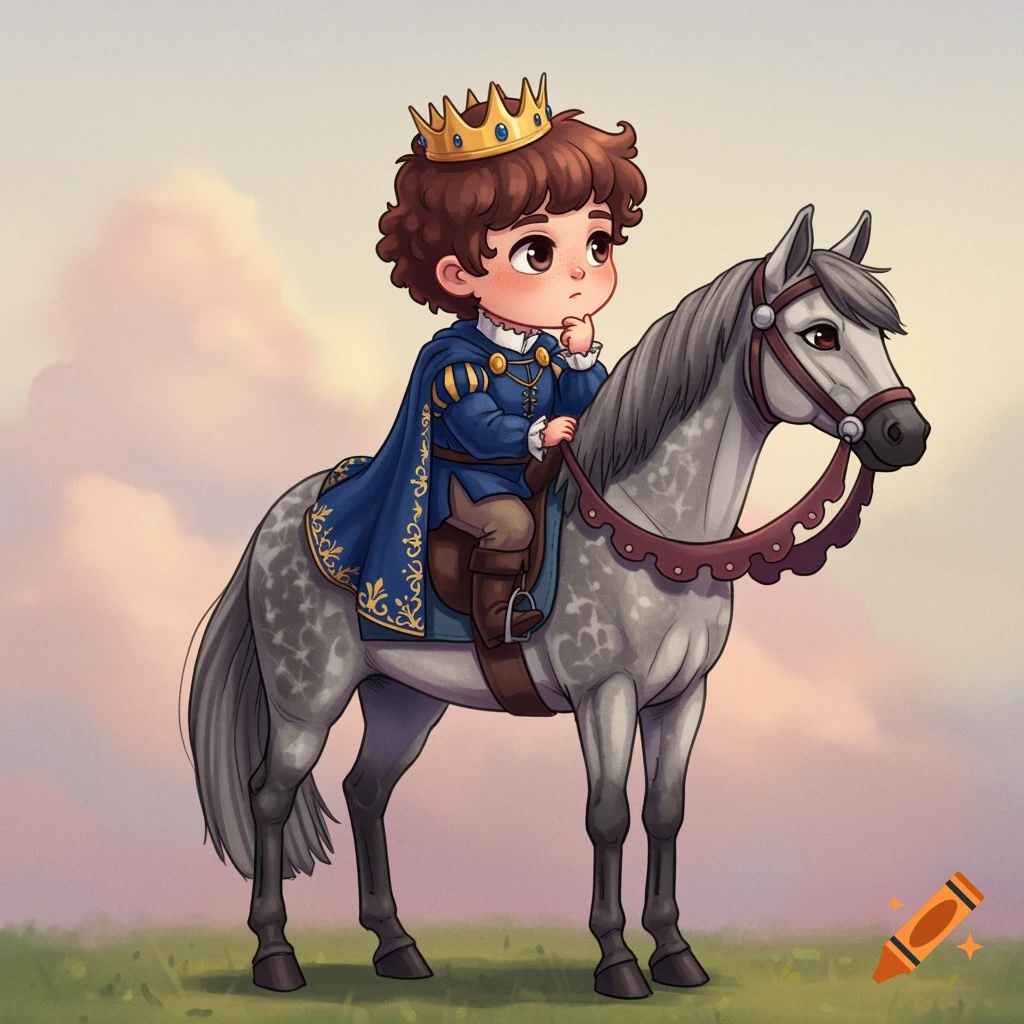 A whimsical depiction of a cute young prince with a crown riding a grey horse.