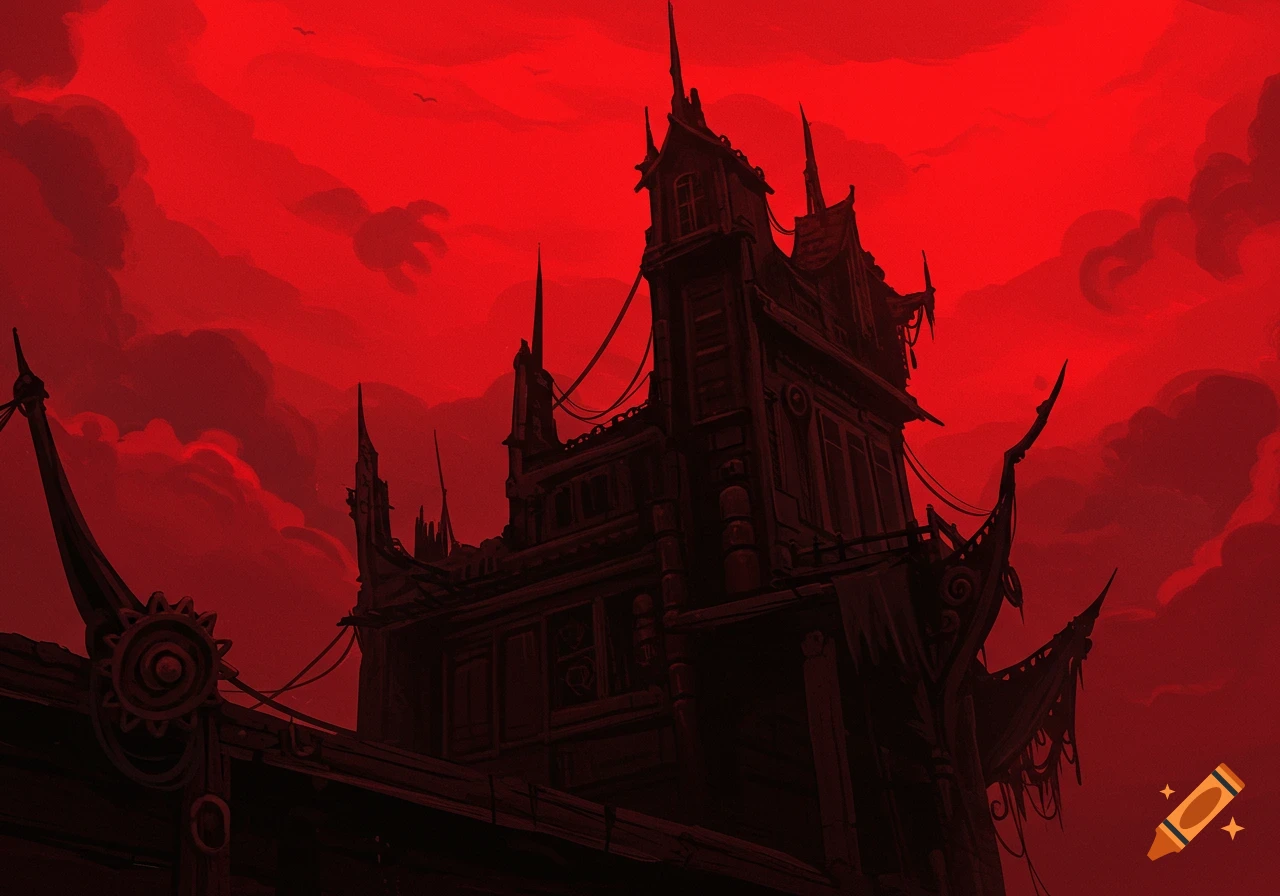 A dark, gothic-style building silhouetted against a blood-red sky with dark clouds.