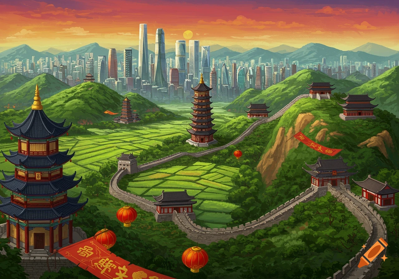 A Chinese landscape featuring the Great Wall, pagodas, rice fields, lanterns, and a modern city skyline at sunset.
